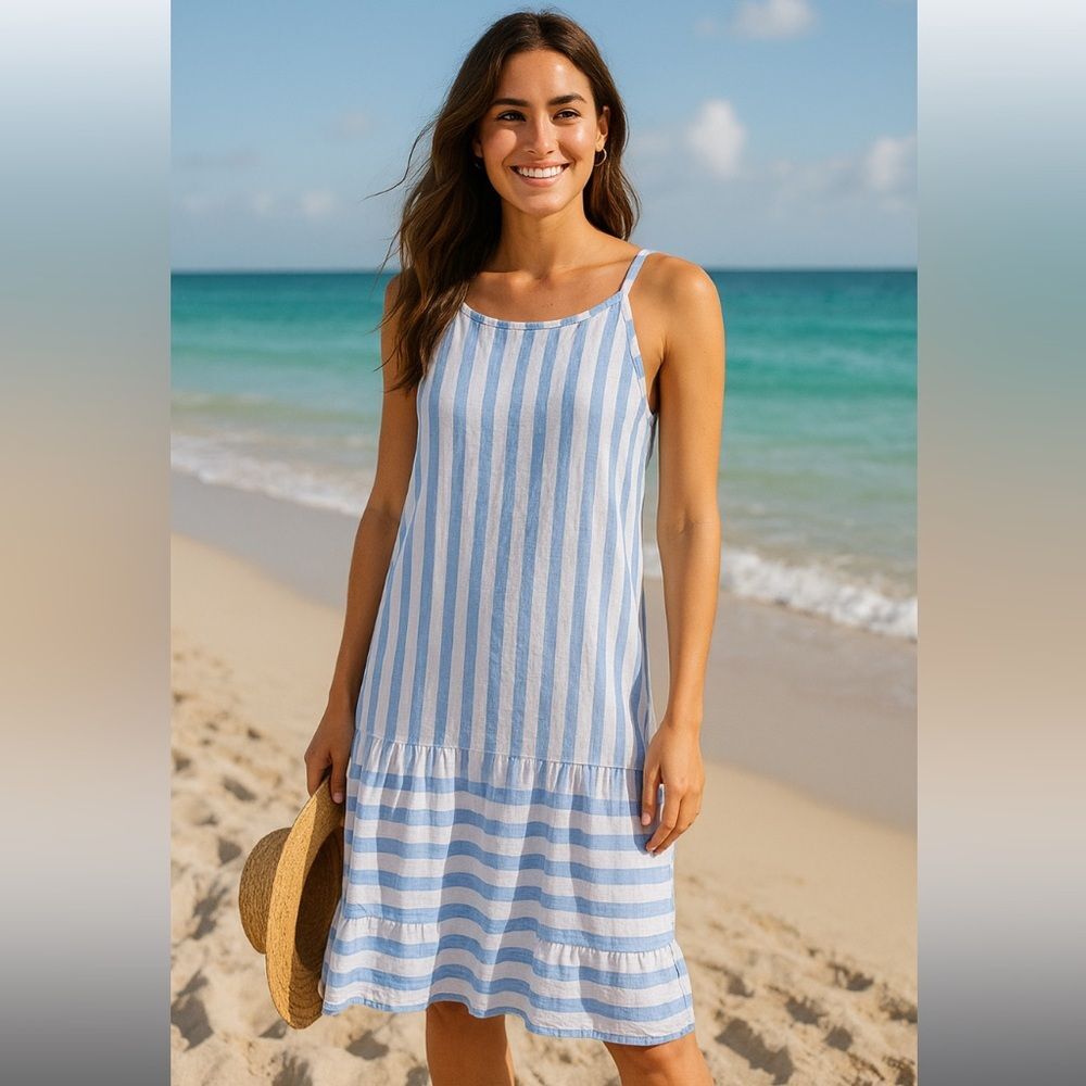 Lungo L’Arno Linen Striped Blue and White Beach Dress size medium
